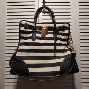 Michael Kors Large Hamilton Black White Gold Logo Chain Tote / Crossbody